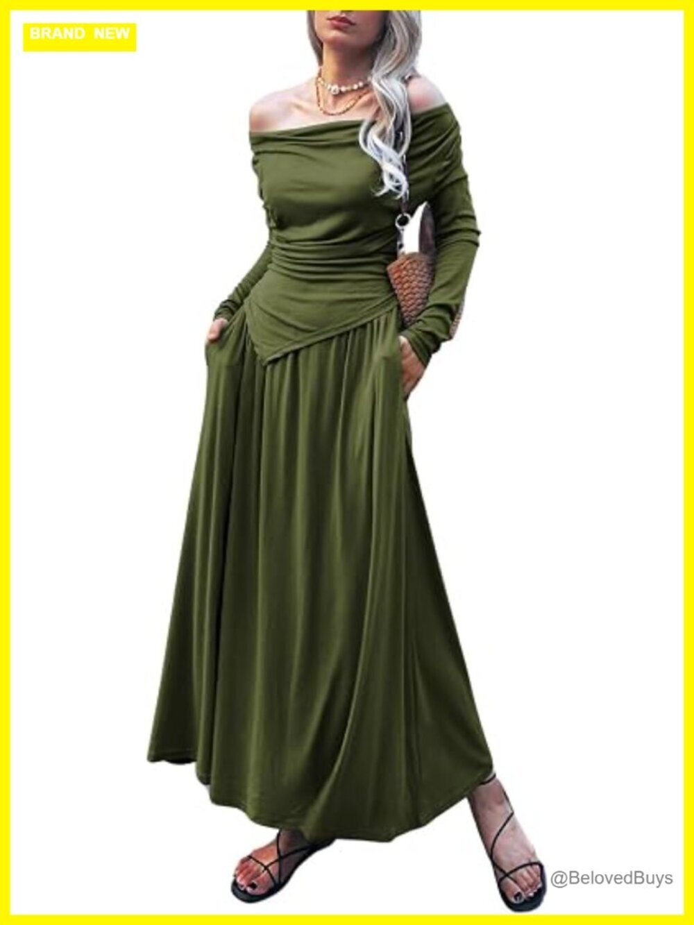 Women's 2 Piece Knit Skirt Set - Ruched Long Sleeve Off Shoulder Top with Maxi